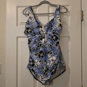 Trimshaper Floral Blue and Black Swimsuit